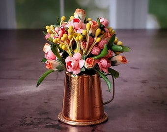 Autumn FLORAL Centerpiece Bouquet in COPPER Pitcher Mulberry Paper Roses - for 1:6 Scale Dioramas, Fashion Dolls, and Action Figures