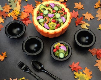 AUTUMN Miniature Salad in Hand Sculpted PUMPKIN Bowl, 4 Black Bowls, Serving Utensils, Leaves - 1:6 Scale OSS Miniatures for Fashion Dolls