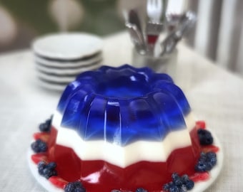 1:6 Scale Miniature Red White Blue JELLO Molded Dessert with Strawberries & Blueberries  -  Realistic OSS Faux Food for Fashion Dolls