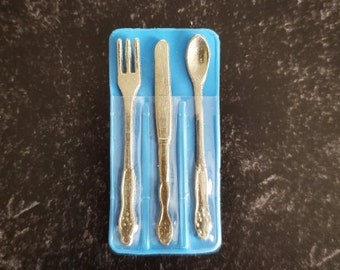 Miniature 1:6 Scale Vintage METAL Silverware - Listing is for ONE SET - Fork, Knife, Spoon - for Fashion Dolls and Action Figures
