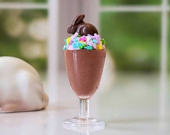 ONE Miniature Milk Chocolate MOUSSE for EASTER with Whipped Cream, Candy Sprinkles and a Chocolate Bunny! 1:6 Scale Food for Fashion Dolls