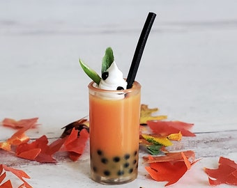 Miniature PUMPKIN Spice Boba Bubble Tea in Clear Tumbler with Black Straw & Leaf Garnish - Realistic Miniatures for 1:6 Scale Fashion Dolls
