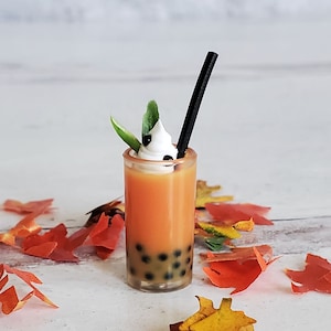 Miniature PUMPKIN Spice Boba Bubble Tea in Clear Tumbler with Black Straw & Leaf Garnish - Realistic Miniatures for 1:6 Scale Fashion Dolls