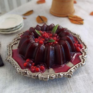 1:6 Scale Miniature CRANBERRY Sauce Molded Salad on Vintage Metal Plate - Realistic Polymer Clay Food for Fashion Dolls & Action Figures