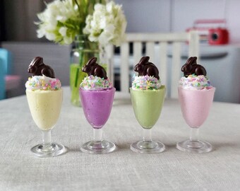 ONE Miniature MOUSSE for EASTER - Pretty Pastel Dessert Drink Topped with Whipped Cream & Chocolate Bunny! 1:6 Scale Food for Fashion Dolls