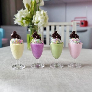 ONE Miniature MOUSSE for EASTER - Pretty Pastel Dessert Drink Topped with Whipped Cream & Chocolate Bunny! 1:6 Scale Food for Fashion Dolls