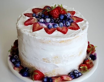 1:6 Scale Miniature CAKE - Red White Blue Berry Cake Dessert on White Plate - Realistic Miniature Food for Fashion Dolls & Action Figures