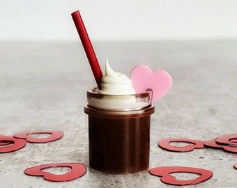 Miniature VALENTINE Drink Dark Chocolate with PINK Heart Garnish and Red Straw - 1:6 Scale Realistic Miniature Drinks for Fashion Dolls