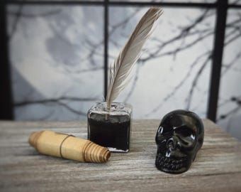 1:6 Scale Miniature GOTHIC Halloween SET Glass Inkwell, Aged Scroll, Black Skull - Realistic Miniatures for Dioramas and Fashion Dolls