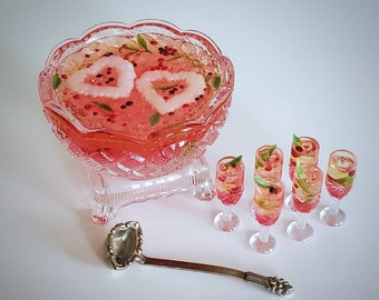Miniature PINK CHAMPAGNE & Berry Punch Bowl SET for Buffets or Parties - Glass Bowl and 6 Plastic Flutes for 1:6 Scale Fashion Dolls