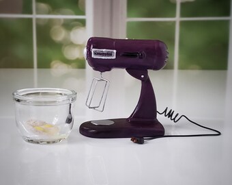 1:6 Scale Miniature Stand MIXER with Removable Glass Bowl with Flour & Eggs - PURPLE/Aubergine Mixer Realistic Miniatures for Fashion Dolls