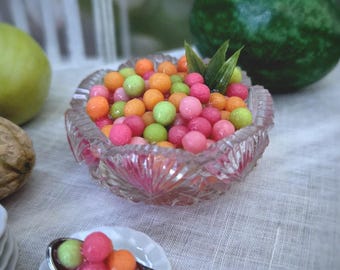 1:6 Scale Melon Ball FRUIT Salad in VINTAGE Glass Bowl with Metal Serving Spoon - Realistic OSS Miniature Faux Food for Fashion Dolls