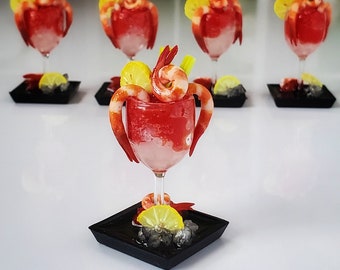 1:6 Scale Miniature SHRIMP Cocktail in Tall Goblet with Lemon & Celery - Realistic OSS Miniatures - Food for Fashion Dolls and Action Figs