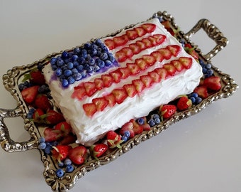 1:6 Scale Miniature CAKE - Red White Blue FLAG Cake Dessert on VINTAGE Metal Tray - Realistic Minis for Fashion Dolls and Action Figures