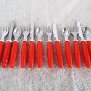Miniature 1:6 Scale Plastic Vintage RED Silverware - Listing is for FOUR SETS - Fork, Knife, Spoon - for Fashion Dolls and Action Figures
