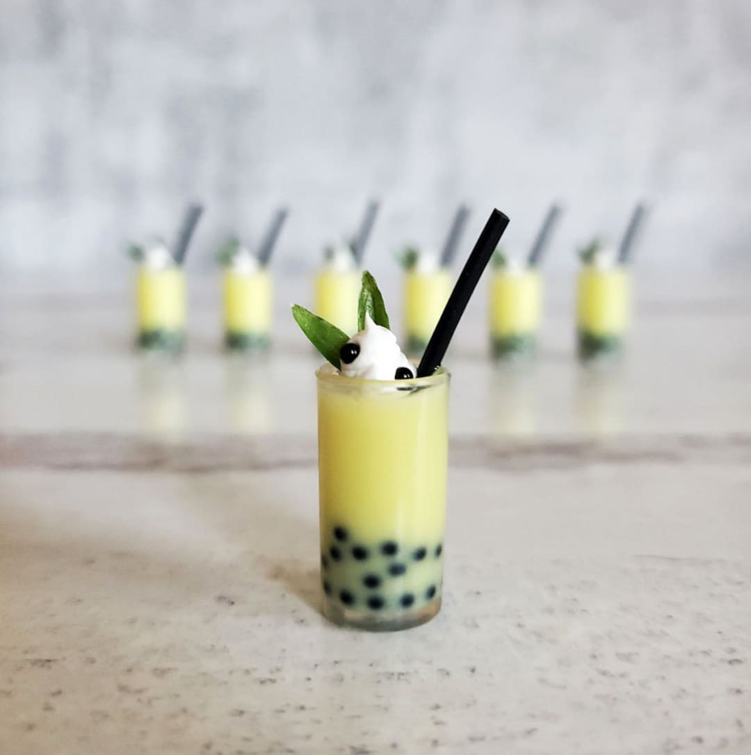 ONE Miniature Boba YELLOW Bubble Tea in Cylinder Tumbler W Black Straw ...