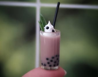Mini Milk CHOCOLATE Boba Miniature Bubble Tea in Tumbler with Black Straw and Leaf Garnish  Realistic Miniatures for 1:6 Scale Fashion Dolls