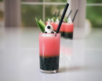 ONE Miniature Boba WATERMELON Bubble Tea in Cylinder Tumbler w Black Straw & Mint Garnish - Realistic Miniatures for 1:6 Scale Fashion Dolls