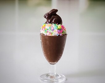 ONE Miniature DARK Chocolate Mousse for EASTER with Whipped Cream, Candy Sprinkles and a Chocolate Bunny! 1:6 Scale Food for Fashion Dolls