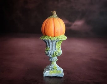 1:6 scale Miniature Pumpkin on Aged Mossy Urn Stand - Realistic OSS Miniatures for Fashion Dolls & Action Figures