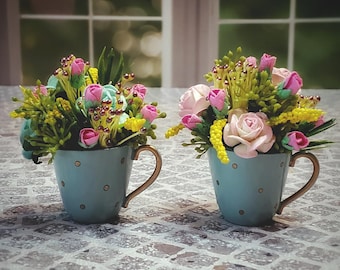 Miniature Spring Flower Bouquet in Metal Teacup for Dioramas & Scenes  -  OSS Realistic Miniatures for Fashion Dolls and Action Figures