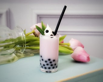Mini PINK Boba Miniature Bubble Tea in Tumbler with Black Straw and Leaf Garnish  -  Realistic Miniatures for 1:6 Scale Fashion Dolls