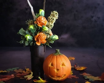 1:6 Scale Miniature Jack O Lantern and Fall Floral Bouquet for HALLOWEEN - Realistic Miniatures for Fashion Dolls & Action Figures