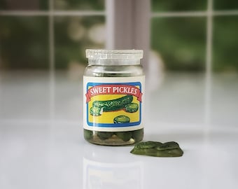 Miniature Sweet PICKLES in Vintage Acrylic Jar with Removable Lid - 1:6 Scale Realistic OSS Miniature Food for Fashion Dolls & Action Figs