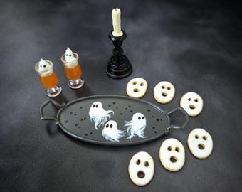 1:6 Scale Miniature Ghost Drinks & Cookies on Oval HALLOWEEN Tray - Realistic OSS Miniatures for Fashion Dolls and Action Figures