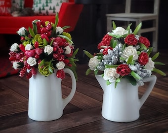 Christmas FLORAL Centerpiece Bouquets in White Porcelain Pitcher Containers - You CHOOSE - for 1:6 Scale Dioramas and Fashion Dolls