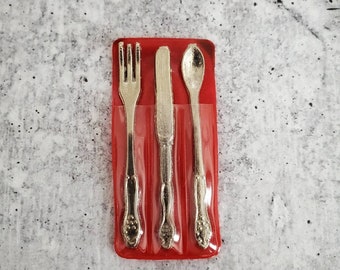 Miniature 1:6 Scale Vintage METAL Silverware - Listing is for ONE SET - Fork, Knife, Spoon - for Fashion Dolls and Action Figures