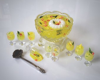 Miniature LEMONADE Punch Bowl SET for Special Buffet or Garden Party - VINTAGE Glass Bowl and Plastic Goblets for 1:6 Scale Fashion Dolls