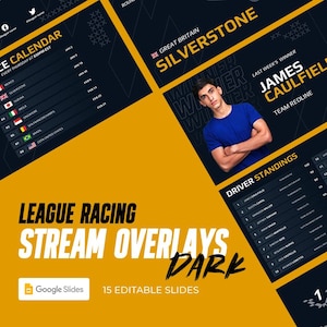 Puede incluir: Una plantilla de Google Slides con tema oscuro para superposiciones de transmisión de League Racing. La plantilla incluye 15 diapositivas editables con una tabla de clasificación de pilotos, un gráfico de podio y un calendario.