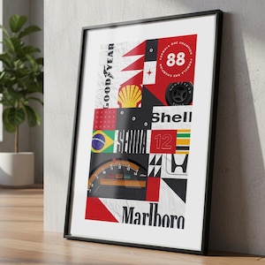 May include: Framed art print featuring a collage of racing-themed graphics. The design incorporates the Goodyear logo, the number 88, a Shell logo, the word "Senna", and the Marlboro logo. The color palette includes red, black, white, and yellow.
