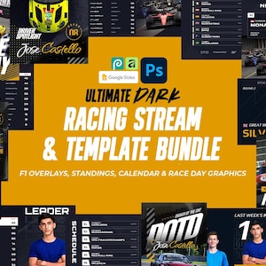 Może przedstawiać: Zestaw ciemnych szablonów i grafik do streamowania wyścigów. Pakiet zawiera nakładki F1, rankingi, kalendarze i grafiki z dnia wyścigu. Tekst "ULTIMATE DARK RACING STREAM & TEMPLATE BUNDLE" jest wyświetlany dużymi białymi literami na żółtym tle.
