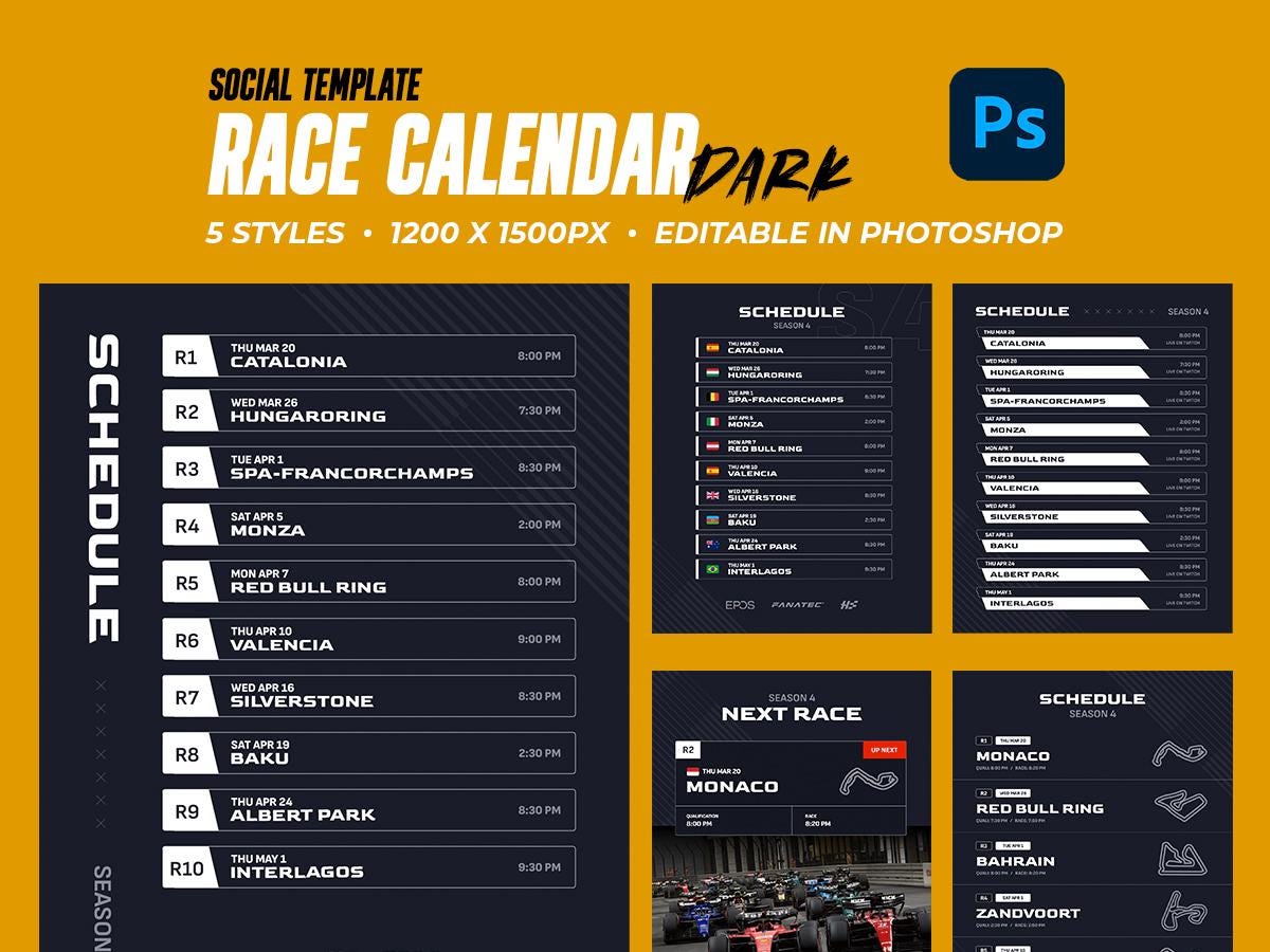 C Racing Roster Template Race Calendar Template - Dark Theme -photoshop Social Facebook ...