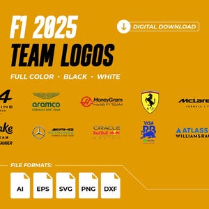 Puede incluir: Gráfico de descarga digital con los logotipos de los equipos de F1 2025 en color, negro y blanco. Incluye logotipos de Alpine, Aramco, Haas, Ferrari, McLaren, Stake, Mercedes, Oracle, Visa y Williams Racing. Formatos de archivo: AI, EPS, SVG, PNG y DXF.