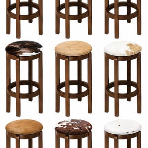May include: A collection of nine bar stools with dark brown wooden frames and circular seats. Each stool features a unique seat covering, including various patterns of cowhide in black, white, brown, and tan, as well as solid tan and white textures.