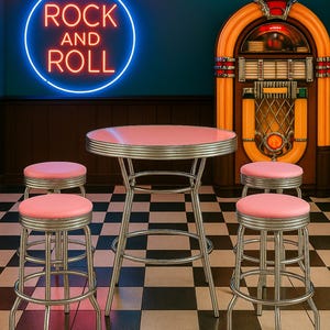 May include: A retro diner scene featuring a pink-topped table and four matching stools with chrome legs. A jukebox and a neon sign that reads "ROCK AND ROLL" complete the vintage aesthetic. The floor is a black and white checkerboard pattern.