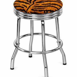 May include: A retro-style bar stool with a chrome-plated steel frame. The round seat features a tiger stripe pattern in orange and black. The stool has a footrest and four legs, each with a black rubber foot.