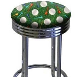 May include: A chrome bar stool with a green and white golf ball patterned seat.