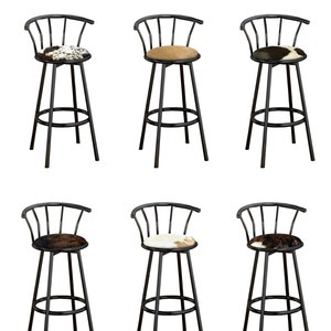 Bar Stool Authentic Cowhide Covered Seat Cushion on a Black Metal Swivel Seat Stool with a Backrest