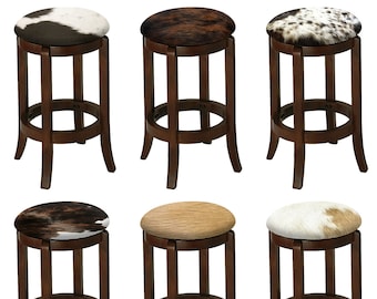 Bar Stool Authentic Cowhide Custom Covered Seat Cushion 24" or 29" Espresso Finish Swivel Seat Wood Stool with Curved Legs