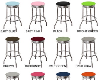 Bar Stool Swivel Seat 24" or 29" Tall Retro Style Chrome Stool with Your Choice of a Colored Vinyl Covered Padded Seat Cushion