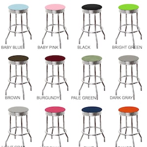 Bar Stool Swivel Seat 24&quot; or 29&quot; Tall Retro Style Chrome Stool with Your Choice of a Colored Vinyl Covered Padded Seat Cushion