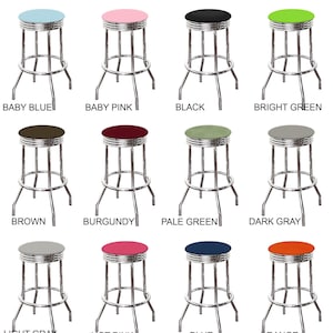 Bar Stool Swivel Seat 24" or 29" Tall Retro Style Chrome Stool with Your Choice of a Colored Vinyl Covered Padded Seat Cushion