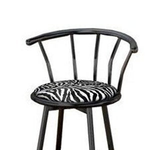 May include: Black metal bar stool with a zebra print padded seat and a curved back.