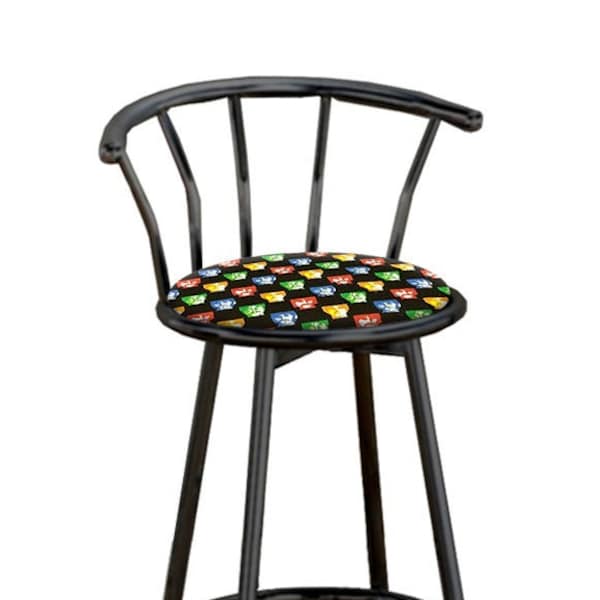 Bar Stool Black Metal with Backrest 24" or 29" Tall with Beatles Colorful Faces Fabric Covered Swivel Seat Cushion