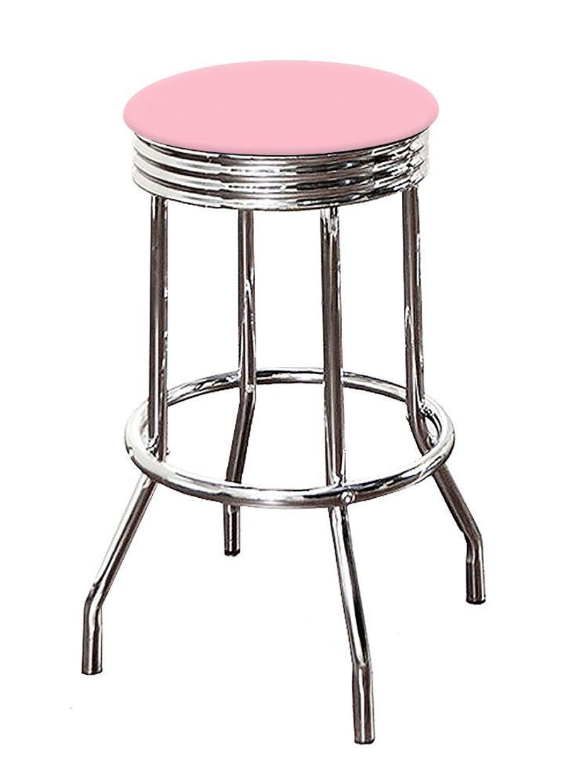 May include: A retro-style bar stool with a pink seat and a chrome-plated steel frame. The stool has a circular seat, a footrest, and four legs. The seat is approximately 12 inches in diameter.