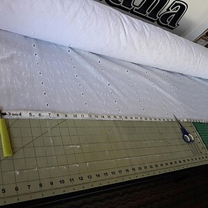 Pu&ograve; includere: Un rotolo di tessuto occhiellato bianco con un motivo ripetitivo di piccoli ritagli circolari. Un metro a nastro &egrave; posizionato sul tessuto, mostrando una larghezza di circa 71 cm. Sono presenti un taglia-asole e un paio di forbici blu.